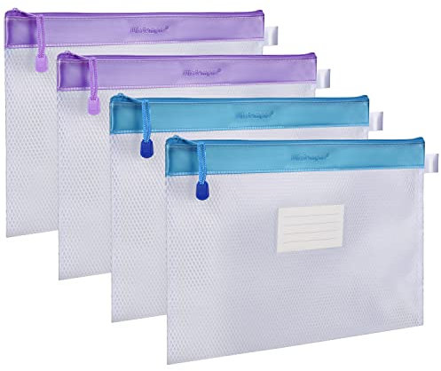 Wisdompro A4 Borse di File con Cerniera 4 pezzi, Mesh Sacchetto del Documento Impermeabile, Cartelletta Porta Documenti in Plastica per Documenti, Ricevute, Cancelleria, Cosmetici (2 Blu/2 Viola)