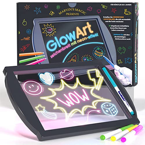 Marvin's Magic - Neon-Glühen Bastelset - Kinder-Kunst-Set - inkl. Neon-Effekt-Zeichentafel mit integriertem Ständer und 4 fluoreszierenden Zauberstiften - Schwarz