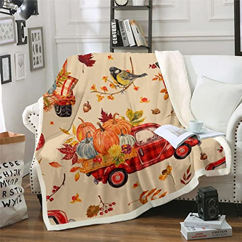 Homewish Kürbis Decke Herbsternte Thanksgiving Decke Werfen 75 x 100 für Kinder Jungen Mädchen Herbstblätter Obst Fleece Decke Roter LKW Kürbis Dekor Ahornblätter Herbstdekorationen für Zuhause
