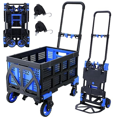 2 in 1 Faltbare Sackkarre mit Klappkorb, 150 kg, Stabiler Tragbarer Trolley mit Teleskopgriff und 4 Gummirädern, Handwagen für Gepäck, Einkaufen, Umzug, Reisen, Büro