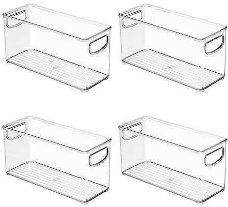 iDesign 4-Piece Recycled Plastic Small Stackable Kitchen Organizer Bin with Integrated Handles for Kitchen, Fridge, Freezer, Pantry & Cabinet, The Linus Collection - 10'' x 4'' x 5'', Clear (95586N)