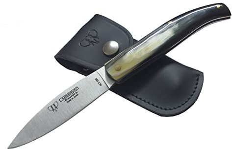 Navaja CUDEMAN Campera 418-AF Hoja 9.5 cm. Acero ACX-380 Mango en Asta de Toro y Funda de Cuero Negro