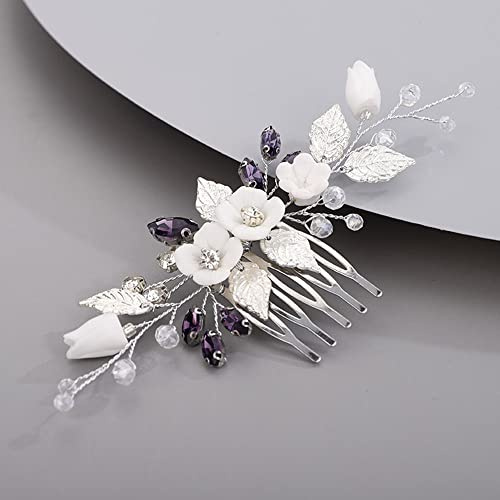 Chargances Hochzeit Weiße Blume Haarkamm Braut Strass Blatt Kristall Haar Seitenkamm Lila Handgemachte Kopfbedeckung Haarschmuck für Frauen und Mädchen (Lila)