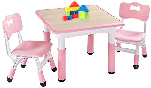 FUNLIO Tavolino con 2 Sedie per Bambini, Tavolino e Sedie per Bambini Regolabili in Altezza per Età 3-8 Anni, Tavolo Bambini per Arti Facile da Pulire, Approvato CPC e CE (3 pezzi) - rosa