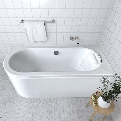 ECOLAM Badewanne Wanne Eckwanne Eckbadewanne für Zwei Modern Design Acryl weiß Avita 180x80 cm RECHTS + Kopfkissen Mare + Schürze Ablaufgarnitur Ab- und Überlauf Automatik Füße Komplett-Set