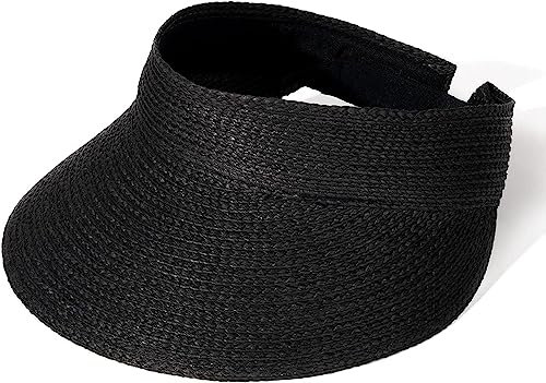 Straw Sun Visor for Women Empty Top Sun Hat Golf Visor UV Protection Sport Cap Black