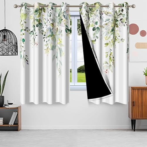 Uiiooazy Gardinen Eukalyptus, Verdunkelungsvorhang Grün Blätter Aquarell Pflanzenmotiv Muster Thermogardine Blickdicht Vorhänge mit Ösen für Schlafzimmer Wohnzimmer Kinderzimmer, 2er Set, 140Bx145Hcm