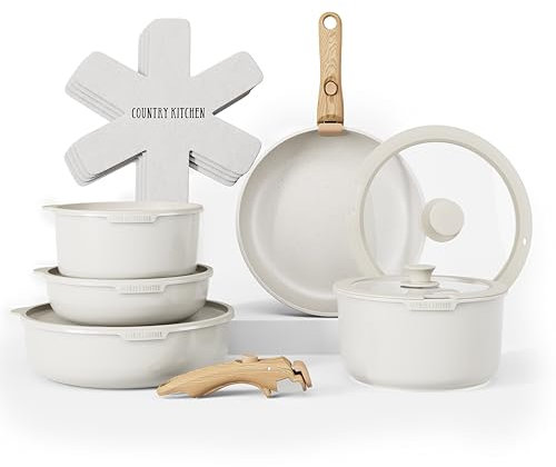 Country Kitchen Ensemble de 16 casseroles et poêles – Batterie de cuisine de cuisine avec revêtement en céramique anti-adhésif et poignée amovible en bois doux au toucher – Passe au four (poignée en