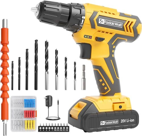 FADAKWALT Akkuschrauber Set, 20V Akku Schlagbohrschrauber, Akkubohrer 21+1 Drehmomentstufen, Gelb (Farbe) DIY Werkzeugkoffer mit Bohrschrauber, 2 Variable Geschwindigkeiten, Geeignet für Holz, Metall