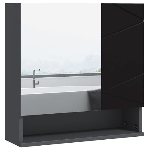 kleankin Armadietto Bagno con Specchio e 2 Ante, Specchio Bagno Contenitore con Mensole Regolabili in Legno, 55x17x55cm, Nero