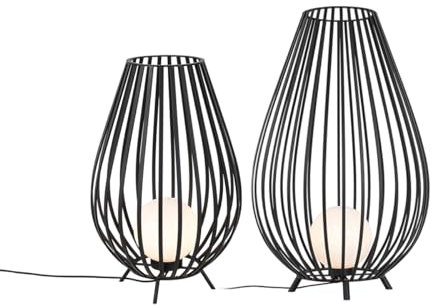 Qazqa - Design Set Stehlampen schwarz mit Opal 110 cm und 70 cm - Angela - Stahl Rund - LED geeignet E27