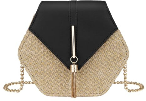 Youjaree Sac à bandoulière en paille pour femme - Joli sac à main d'été - Sac de plage avec pompon, noir