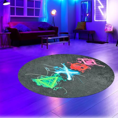 CARPETIA Gamingteppich farbecht leicht zu pflegen antirutsch langlebig leuchtende Neonfarbene Symbole in bunt, 200 cm Rund