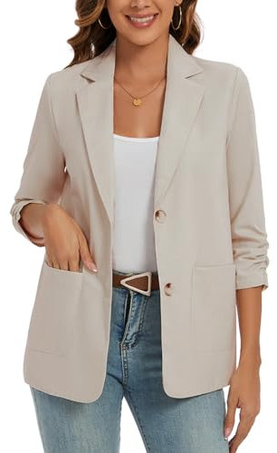 MINTLIMIT Linen Womens Blazer Lightweight Cotton Jackets Casual 3/4 Ruched Sleeve with Pocket (Beige L)