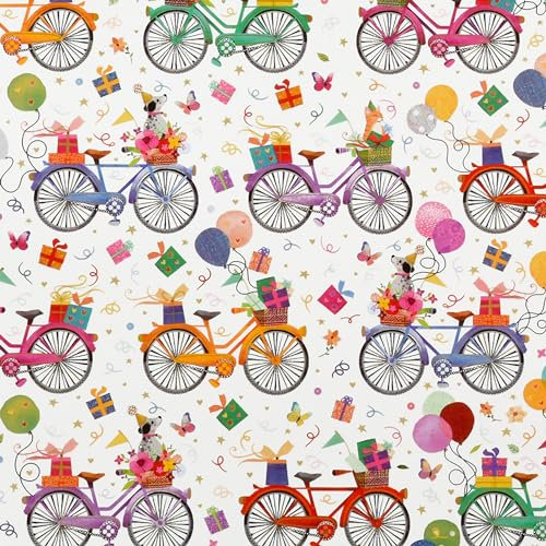 Geschenkpapier für Geburtstag mit Tier Motiv 70cm x 2m Rolle (Bunt mit Fahrrad Motiv)