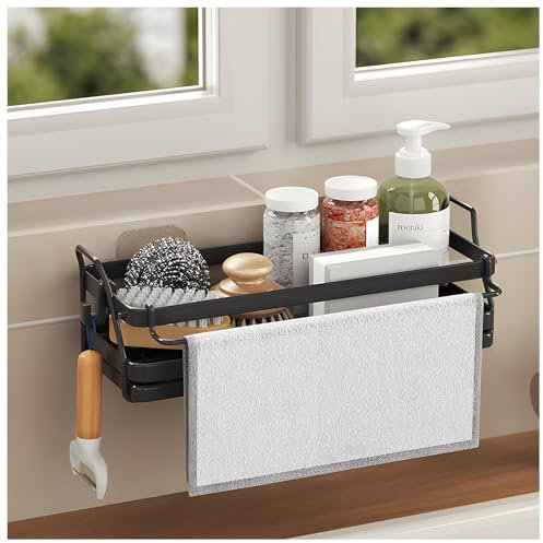 LBTING Porte-éponge pour évier de cuisine, panier d'évier mural avec plateau de vidange auto-drainant, panier d'évier de cuisine en acier inoxydable pour organiser éponge, brosse, distributeur de