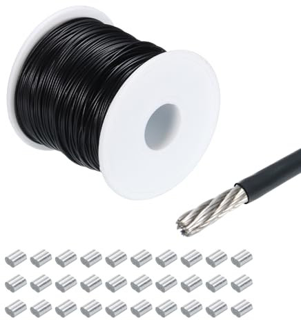 QUARKZMAN 328Ft(100M) Draht Seil 304 Edelstahl Stahl Kabel 5/64(2mm) Vinyl Beschichtet mit 30Stk Aluminium Ärmel zum Aufhängen Wäscheleinen Heben Schwarz