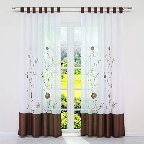 SCHOAL Transparente Gardinen mit Schlaufen Vorhang Voile Schlaufenschal Bestickt Wohnzimmer Blumen Muster BxH 140x245cm 1 Stück Braun