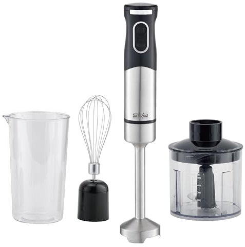 Edelstahl Stabmixer Set – Silva Homeline, 700 Watt - 2 Geschwindigkeitsstufen - Multizerkleinerer, Schneebesen & Messbecher - Extra Leiser DC Motor - 18.000 U/Min – Schwarz, SMS 6502