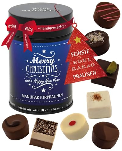 Hallingers Genuss Manufaktur Pralinen Weihnachts-Geschenk - ohne Alkohol, handmade aus Confiserie-Edelkakao in wertiger Geschenkdose Merry Christmas..., Weihnachten für Frauen Männer