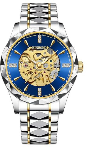 Silverora Herrenuhren Automatische mechanische Armbanduhren: 3ATM Wasserdicht Skelett Diamantgehäuse Uhren Herren Edelstahlarmband Uhr mit Leuchtende Skala Zeiger Geschenke für Männer blau Gold