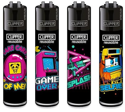 Clipper Feuerzeuge, Set mit 4 Stück, außergewöhnliche Motive (Large 90ies)