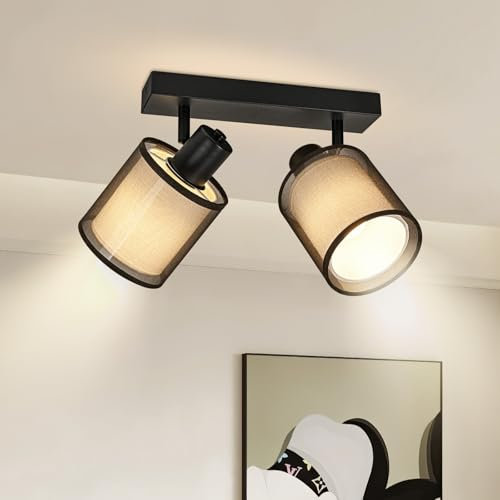 Doughelec Deckenleuchte Deckenstrahler 2 Flammig Flur - Deckenlampe Schwarz Deckenspot Vintage E14 Schwenkbar 350° Lampe Decke Wandlampe MAX30W Stoff Warmweiß für Wohnzimmer Küche, Ohne Leuchtmittel