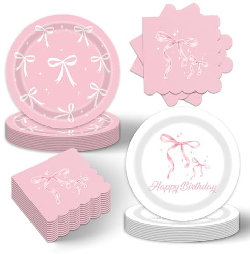 40pcs Bow Party Supplies,include 20 Dessert plate and 20 Napkin,bridal shower plates Party Plate Napkin Set,Used for She's Tying the Knot Bachelorette Party Decoration pink bow decor