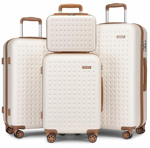 Kono Set de 4 Valises Rigide ABS Valise de Voyage, Valise Vanity Case| Valise Cabine| Valise Moyenne| Grande Valise 4 roulettes et Serrure TSA, Crème