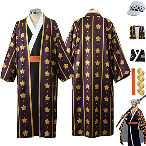 bbganlian Anime One Piece Trafalgar D Water Law Cosplay Kostüm Outfit Wano Kuni Country Uniform Komplettes Set Halloween Party Karneval Dress Up Anzug mit Ohrringen Hut für Männer (XXL)