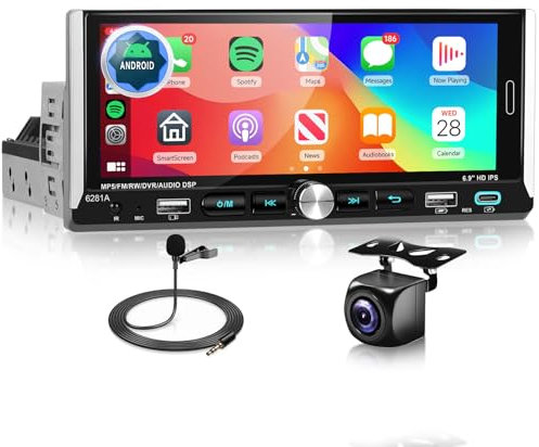 Radio para Coche de 1 DIN con CarPlay inalámbrico y Android Auto, Podofo Android Radio, Pantalla táctil de 6,9 Pulgadas Compatible con Bluetooth, Ecualizador y Mirror Link con Entrada USB-A y USB-C