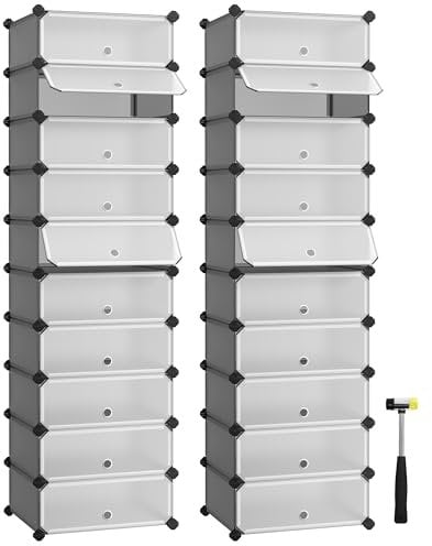 SONGMICS Schuhregal mit 10 Ebenen, 2er Set, Steckregal, Regalsystem, Schuh-Organizer, DIY-Regal, mit Tür, aus PP-Kunststoff, grau LPC010G02