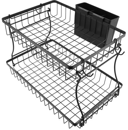 Yechiry Canasta de Frutas para Cocina, Organizador de Frutas de 2 Niveles con Canasta y Ganchos, Soporte de Almacenamiento Desmontable, Adecuado para Verduras, Pan, Frutas y Elementos