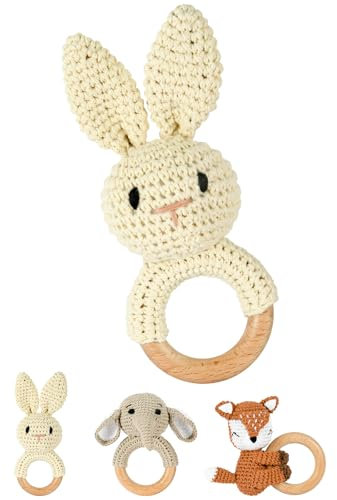 OFFCUP Babyrassel Gehäkelte Greifling, Beißring Baby, Niedlicher Greifling für Baby, Zahnring Holz, Handmade Rassel Beißring Baby Gehäkelte Tiere Spielzeug für Babys & Kleinkinder ab 0 Monate - Hase