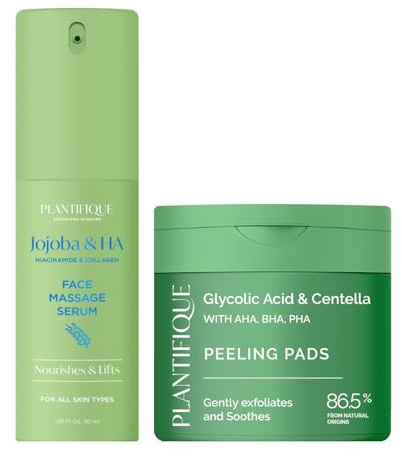 Plantifique Jojobaöl and Hyaluronsäure Gesichtsserum für Gua Sha Massage, 30 ml & oner Pads für alle Hauttypen, 60 Stück
