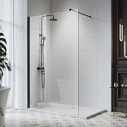 SIRHONA Porta doccia scorrevole 80 x 200 cm nero, vetro temperato 8 mm, barra stabilizzatrice in acciaio inossidabile anticorrosione, telaio in alluminio regolabile -15 mm, design pulito per bagno