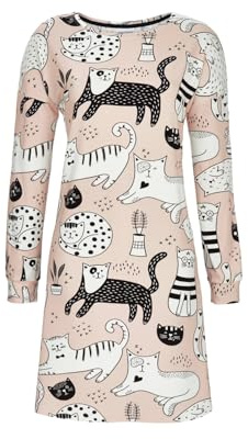 Ringella Damen Sleepshirt – Langarm, Rundhals, Knielang, Katzen-Dessin in Champagner/Beige aus Baumwolle, weich & hautfreundlich