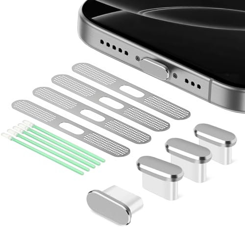 BelleVive 8-Pack USB-C Dust Protection Plugs, Type-C Charging Port Covers, Earphone Speaker Mesh, Dustproof Adhesive Covers, for iPhone 16/iPhone 15, Silver2
