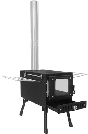 Fichiouy Four de tente avec cheminée en 5 parties, 40 x 53 x 34,5 cm, poêle à bois de camping avec porte isolée thermiquement et fenêtre de visualisation, tente haute performance pour camping