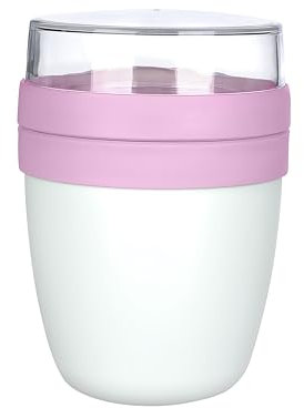 Pro Home MIXME Overnight Oats Jar Container 650ml | On-The-Go Cereal Cups Dual Compartments Yoghurt Pot & Muesli Cup With Lid & Spoon BPA Free Portable Leak-Proof Yogurt Pots (Pink)