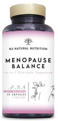 Menopause Traitement Naturel sans Hormones avec Soutien Clinique. 45 Capsules avec 14 Ingrédients. Oméga 3, Vitamine D3 K2, Vitamine B, Clou de Girofle, Chrome. Pré-Ménopause. N2 Natural Nutrition