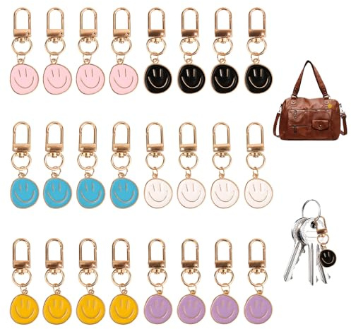 LuxStellar Lot de 24 porte-clés Smile – Pendentifs smile amusants pour sacs, clés, sac à dos et cadeaux, idéal pour les enfants, les amis et les fêtes, porte-clés smiley colorés