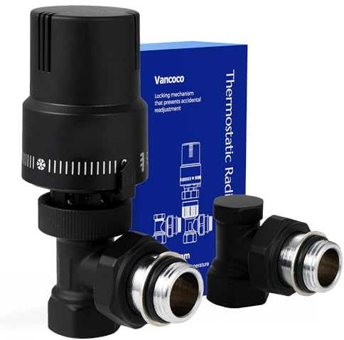 VANCOCO 1/2 Noir Intégral Vanne Thermostatique + Vanne de Retour Kit | Sonde liquide, raccord étanche, position protection anti-gel, norme EN215 accessoire robinet thermostatique