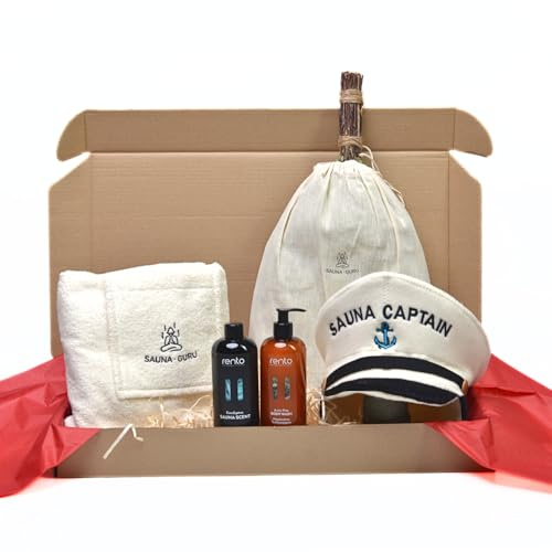 SAUNA GURU Premium Sauna Geschenkset für Herren – Birken Saunabesen Venik, Saunahut „Captain“, Sauna Kilt Handtuch, Eukalyptus Sauna Aufguss & Duschgel mit Kiefernduft – Natürliches Wellness Geschenk