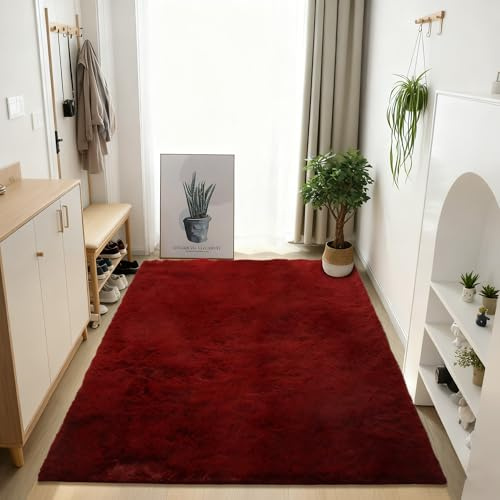 GOUER Teppich Wohnzimmer Schlafzimmer 200 x 300 cm Weich Und Flauschig Rutschfester Hochflorteppich Pflegeleicht Und Einfarbig für Schlafzimmer Kinderzimmer, Bettvorleger Matte, Weinrot