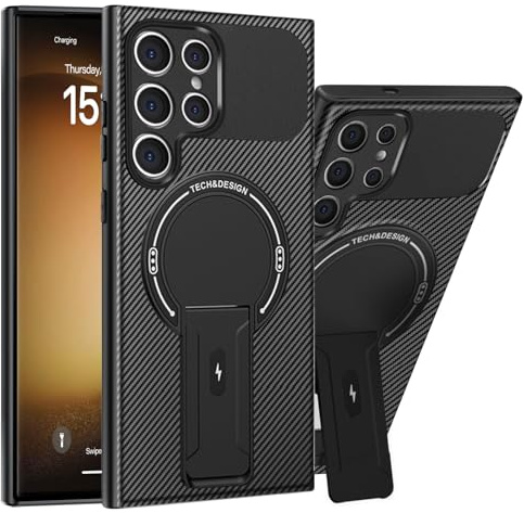 Migexxkj Handyhülle für Samsung Galaxy S23 Ultra Hülle für Mag-Safe Magnetisch mit Ständer,Kohlenstofffaser Rutschfester Textur Hard PC Rugged Stoßfest Schutzhülle für Samsung S23 Ultra Case (Schwarz)
