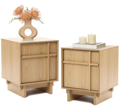 Hometopia Nachttisch 2er Set, Moderner Nachtschrank mit Tür und Stauraum, Skandinavischer Beistelltisch mit geometrischer Holzleisten-Front, Bedside Table für Schlafzimmer & Wohnzimmer,40 × 40 × 50 cm