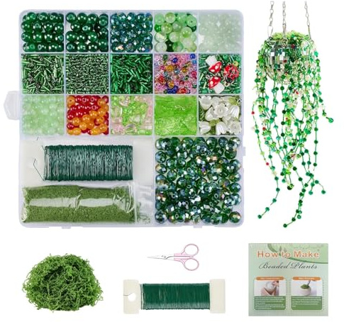 Jafaharug Green Glass Beaded Plant Kit, Forever Plant Beaded Leaf Flower Beads for Succulent Plant Jewelry Making and DIY Crafts