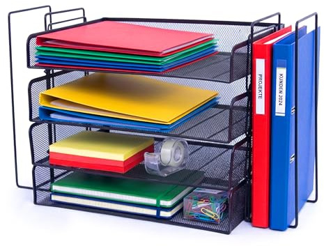 Relaxdays Briefablage, Metall, A4, 4 Fächer, 2 Stehsammler, HxBxT: 30 x 49,5 x 24,5 cm, Schreibtisch Organizer, schwarz