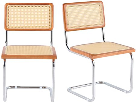 ZECIIYE Esszimmerstühle 2er Set,Freischwinger Stühle,Küchenstühle aus Rattan mit Metall Chrom Beine,Moderne Schwingstuhl für Wohnzimmer Küche Esszimmer,Naturfarben